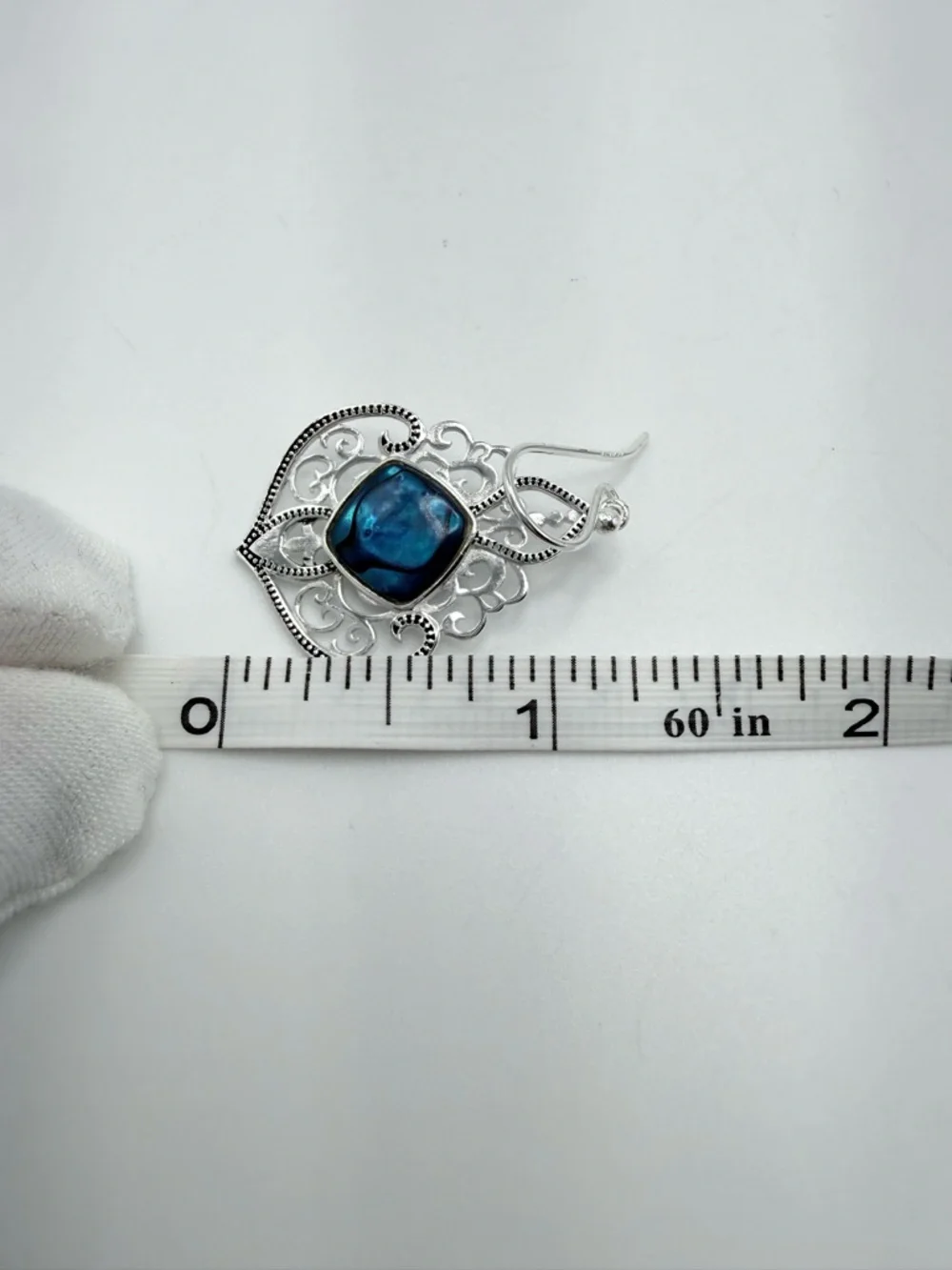 Blue Abalone Shell Filigree Design .925 Sterling Silver Earrings - Picture 10 of 11